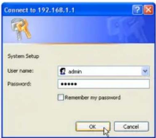 Connect to 192.16B.1.1 System Setup User name: admin Password: ****** Remember my password OK Cancel