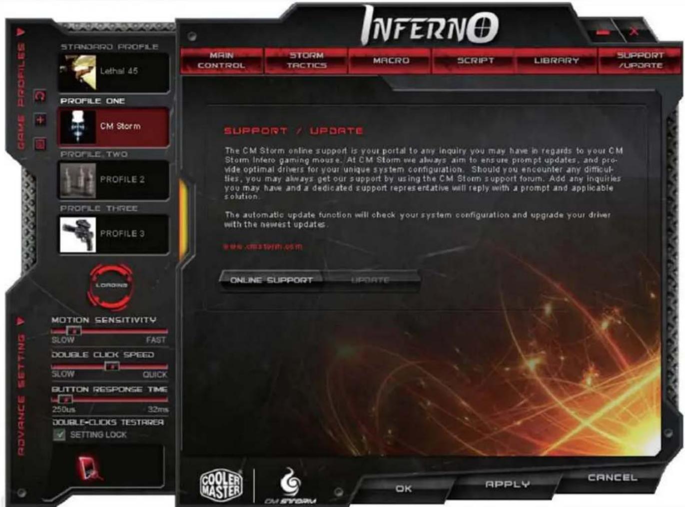 INFERNO MAIN CONTROL STORM TACTICS MACRO SCRIPT LIBRARY SUPPORT /UPDATE SUPPORT / UPDATE The CM Storm online support is your portal to any inquiry you may have in regards to your CM Storm Infero gaming mouse. At CM Storm we always aim to ensure prompt updates, and pro- vide optimal drivers for your…