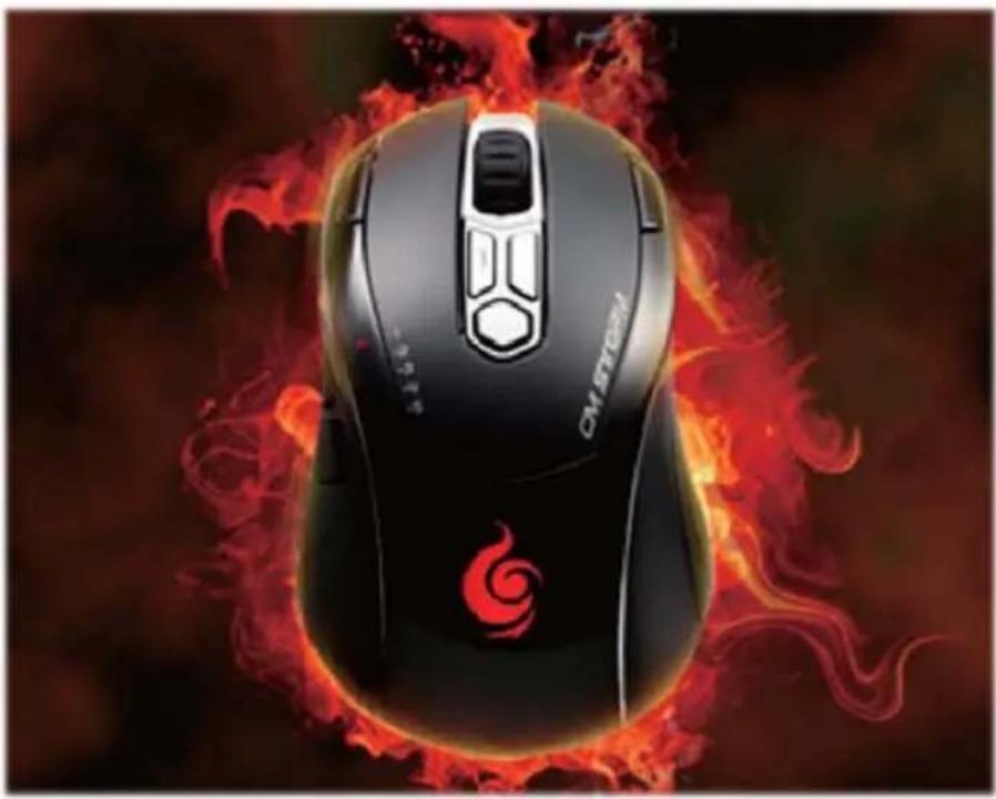 Black and red computer mouse with flame effect, no visible text or symbols on the device itself