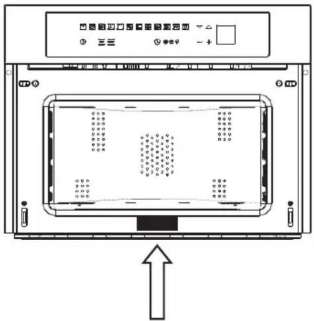 Diagram of an appliance front panel with labeled buttons and a central display showing internal components and symbols.