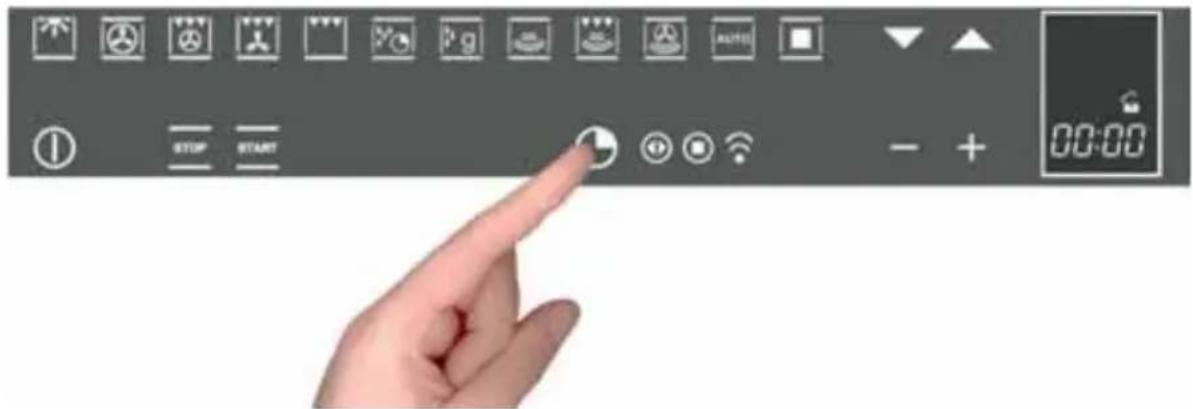 User interface control panel with icons and a hand pointing to a button labeled 'STOP START' and time display showing 00:00.