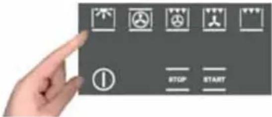 Hand holding a control panel with icons for start, stop, and function buttons