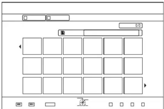 Diagram of a digital interface with labeled UI elements and a grid of blank cells, likely representing a media player or layout.