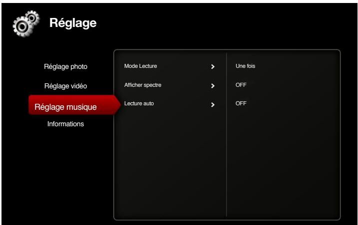 Réglage Réglage photo Réglage vidéo Réglage musique Informations Mode Lecture > Une fois Afficher spectre > OFF Lecture auto > OFF