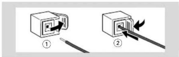 Diagram showing two connected components with arrows indicating cable or connector movement, labeled ① and ②.