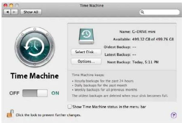 Time Machine Show All Name: G-DRIVE mini Available: 499.32 GB of 499.76 GB Oldest Backup: -- Latest Backup: -- Options... Next Backup: Today, S:11 PM Time Machine keeps: • Hourly backups for the past 24 hours • Daily backups for the past month • Weekly backups for all previous months The oldest backups are deleted when your disk becomes full. Show Time Machine status in the menu bar Click the lock to prevent further changes.