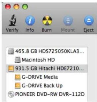 465.8 GB HDS725050KLA3... Macintosh HD 931.5 GB Hitachi HDE7210... G-DRIVE Media G-DRIVE Back Up PIONEER DVD-RW DVR-112D
