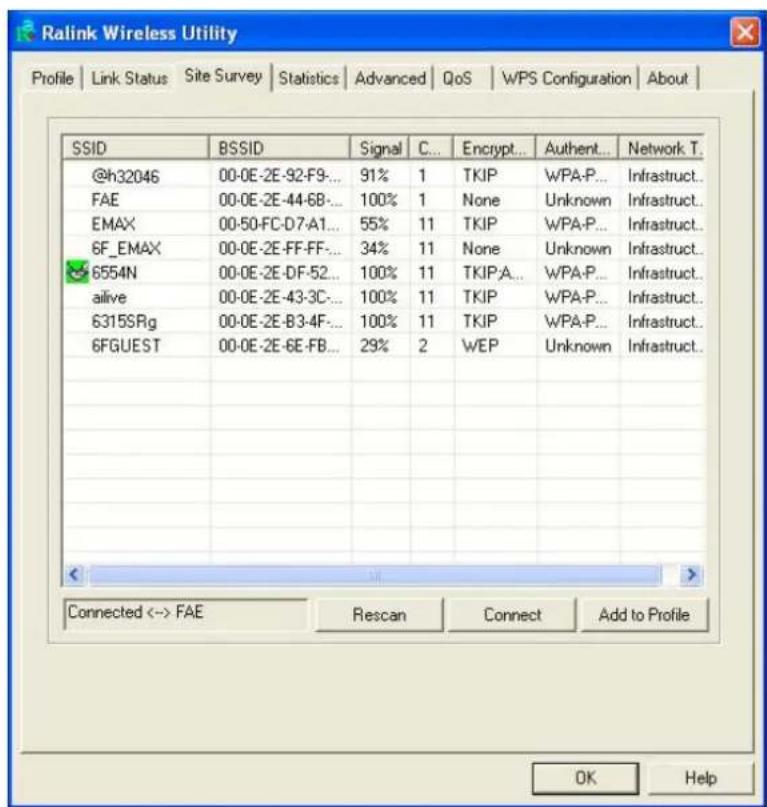 Ralink Wireless Utility Profile | Link Status | Site Survey | Statistics | Advanced | QoS | WPS Configuration | About | SSID BSSID Signal C... Encrypt... Authent... Network T. @h32046 00-0E-2E-92-F9-... 91% 1 TKIP WPA-P... Infrastruct.. FAE 00-0E-2E-44-6B-... 100% 1 None Unknown Infrastruct.. EMAX 0…
