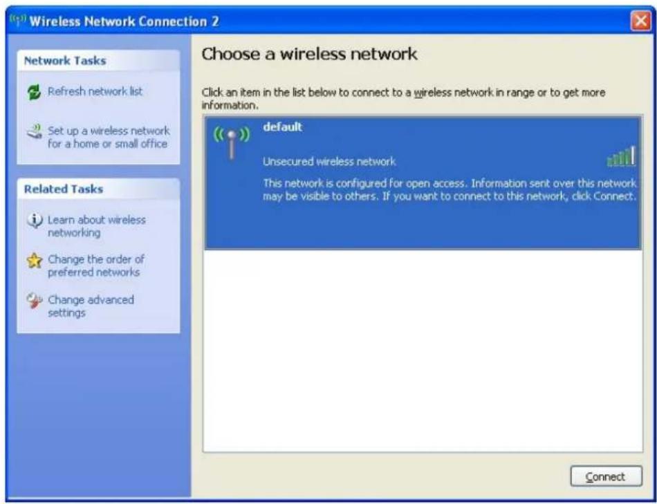 Wireless Network Connection 2 Choose a wireless network Click an item in the list below to connect to a wireless network in range or to get more information. default Unsecured wireless network This network is configured for open access. Information sent over this network may be visible to others. If…