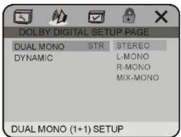 DOLBY DIGITAL SETUP PAGE DUAL MONO STR STEREO DYNAMIC L-MONO R-MONO MIX-MONO DUAL MONO (1+1) SETUP