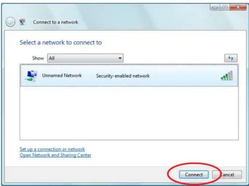 Connect to a network Select a network to connect to Show All Unnamed Network Security-enabled network Set up a connection or network Open Network and Sharing Center Connect Cancel
