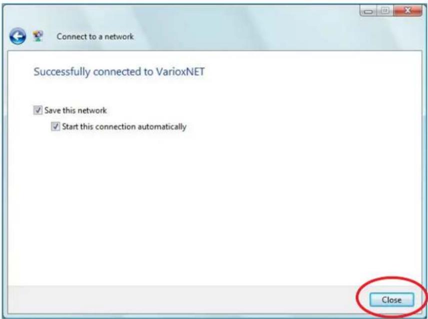 Connect to a network Successfully connected to VarioxNET ✓ Save this network ✓ Start this connection automatically Close