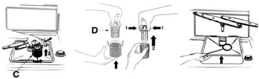 Technical diagram showing three steps of a mechanical device assembly: tool insertion, disassembly, and mounting.