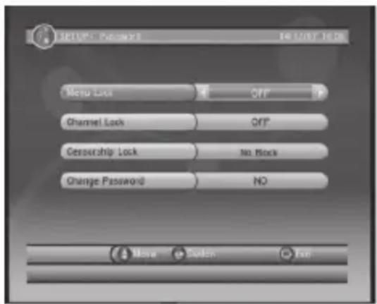 SETUP - Password3 14 (12/07) 16:06 Menu Lock OFF Channel Lock OFF Censorship Lock No. Block Change Password NO Move Cancel Help