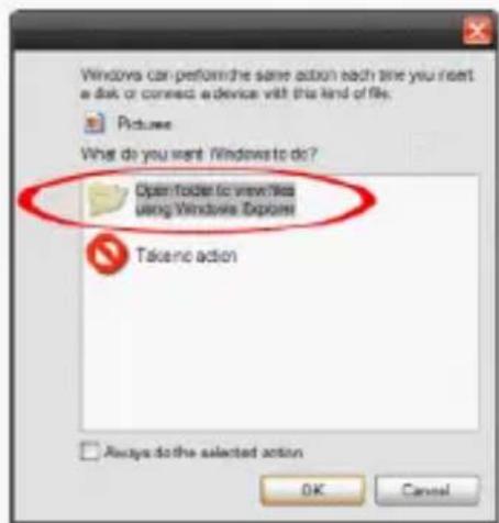 Windows can perform the same action each time you insert a disk or connect a device with this kind of file. Pictures What do you want Windows to do? Open folder to view files using Windows Explorer Take out action Always do the selected action OK Cancel