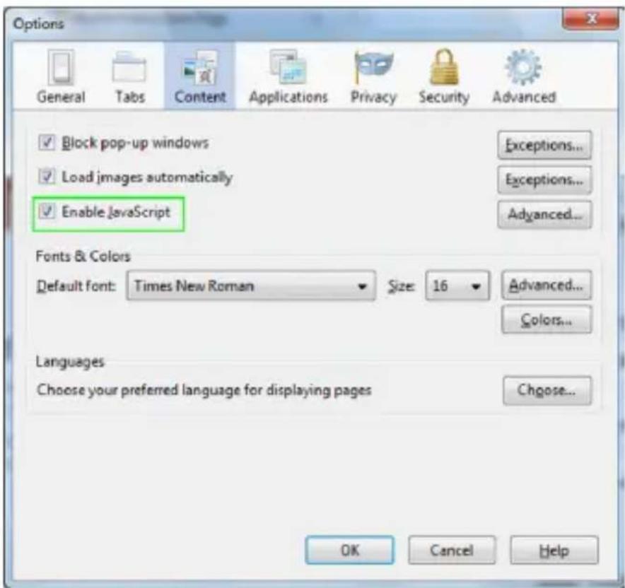 Options General Tabs Content Applications Privacy Security Advanced ✓ Block pop-up windows Exceptions... ✓ Load images automatically Exceptions... ✓ Enable JavaScript Advanced... Fonts & Colors Default font: Times New Roman Size: 16 Advanced... Colors... Languages Choose your preferred language for displaying pages Choose... OK Cancel Help