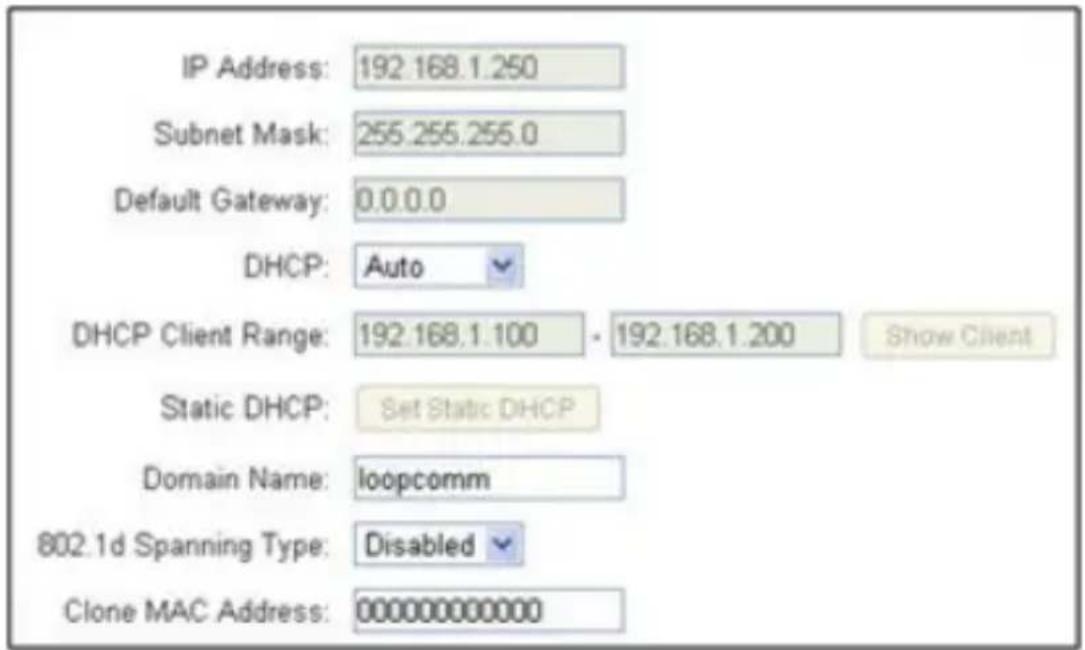 IP Address: 192.168.1.250 Subnet Mask: 255.255.255.0 Default Gateway: 0.0.0.0 DHCP: Auto DHCP Client Range: 192.168.1.100 - 192.168.1.200 Show Client Static DHCP: Set Static DHCP Domain Name: loopcomm 802.1d Spanning Type: Disabled Clone MAC Address: 000000000000