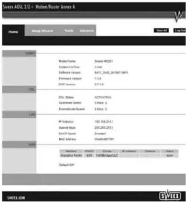 SWEEL ADGL 2/2 + Modem/Router Annex A Home Setup Wizard Toggle Advantage Save All Log Out Model Name Switch WQ201 System Log Time 3 min Software Network 6411_2048_261507 APIX Hardware Version 5.3.8 GDP Network 3.7.9.8 DSL Status ACTIVATNGS Upstream Speed 0 Mbps () Downstream Speed 0 Mbps () IP Addre…