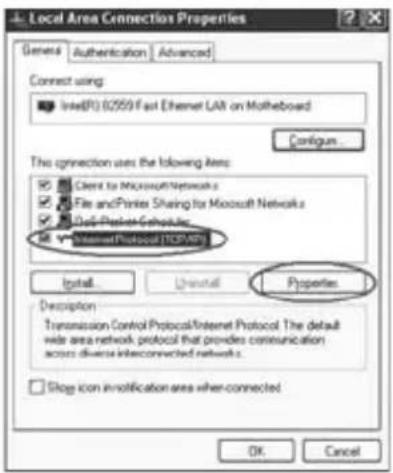 Local Area Connections Properties Genera Authentication Advanced Connect using: Intel(P) (0259) Fast Ethernet LAN on Motheboard Configure... The connection uses the following items: Client to Microsoft Networks File and Printer Sharing for Microsoft Networks Cell-Printer Database Internet Protocol (…