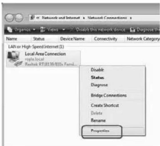 LAN or High-Speed Internet (1) Local Area Connection rple.local Realtek RT:8136/810x Faml... Disable Status Diagnose Bridge Connections Create Shortcut Delete Rename Properties