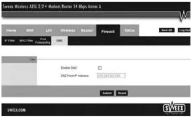 SWEEX Wireless ABSL 2/2+ Modem Router 54 Mbps Annex A Happes SWAR LAN Wireless Router Firewall Status Save All Log Out IP Filter MAC Filter Print Forwarding LIME SWEEX Enable DNSZ DNS Host IP Address: 201.201.201.2016 Submit Reset SWEEX.COM
