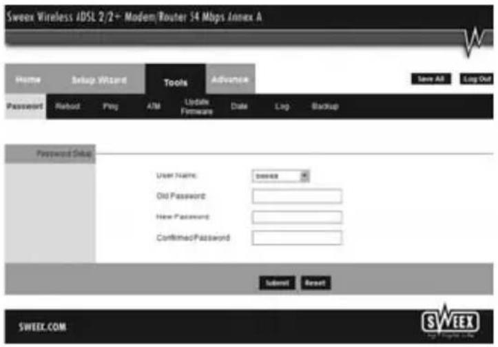 SWEEX Wireless JDSL 2/2+ Modem Router 54 Mbps Annex A Home Setup Wizard Tools Advance Save All Log Out Password Reload Ping ATM Update Foreware Date Log Backup Password Setup User Name: Service Old Password: New Password: Confirmed Password: Submit Reset SWEEX.COM