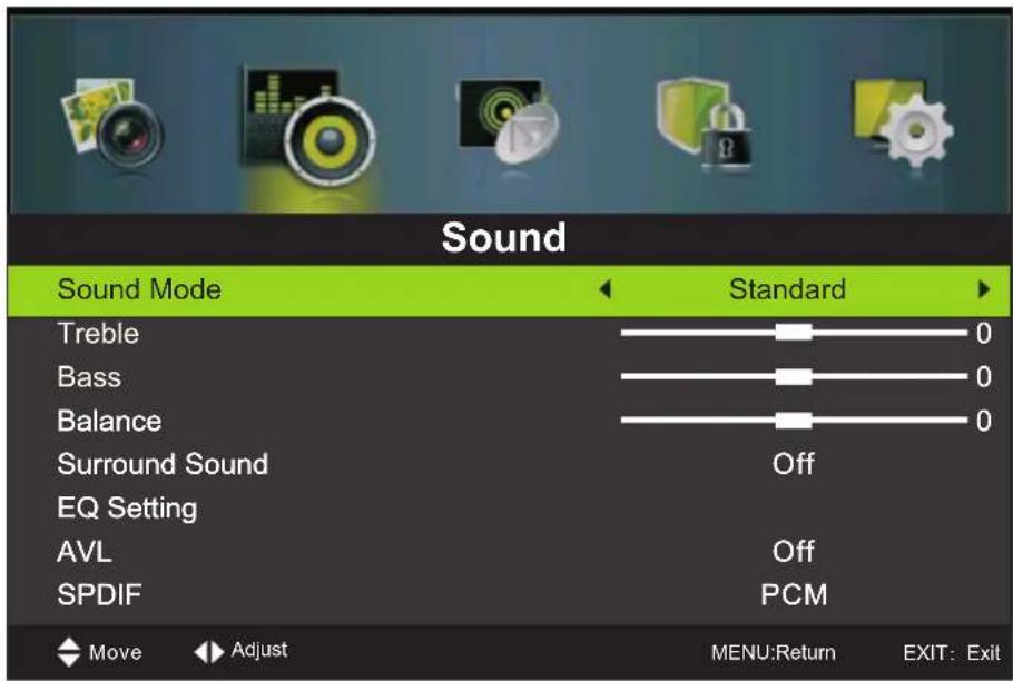 Sound Sound Mode Standard Treble 0 Bass 0 Balance 0 Surround Sound Off EQ Setting AVL Off SPDIF PCM Move Adjust MENU:Return EXIT: Exit