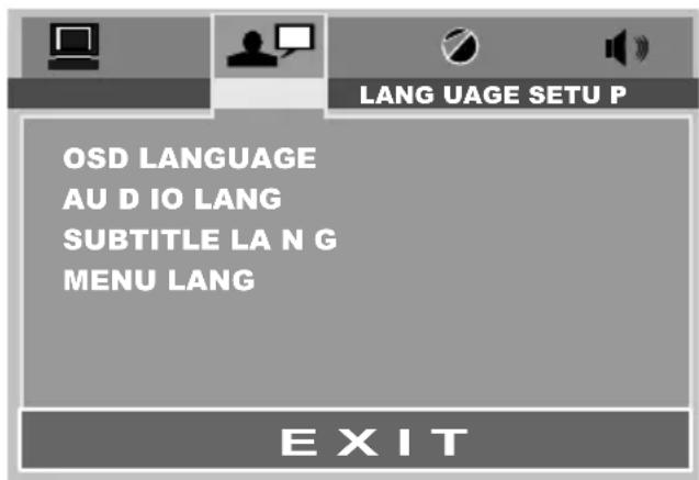 LANG UAGE SETU P OSD LANGUAGE AU D IO LANG SUBTITLE LA N G MENU LANG EXIT