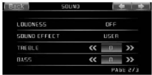 Back SOUND LOUDNESS OFF SOUND EFFECT USER TREBLE << 0 >> BASS << 0 >> PAGE 2/3