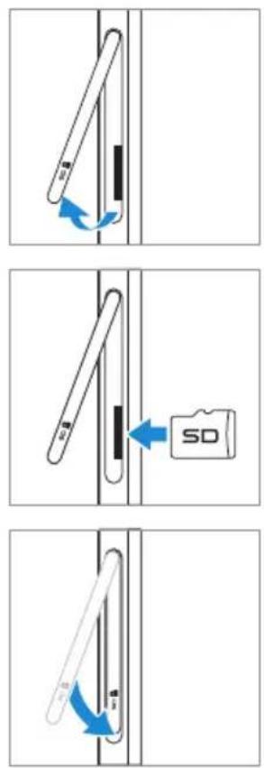 Diagram illustrating three-step folding or disassembly process of a device, showing tool positioning and movement with blue arrows indicating rotation.