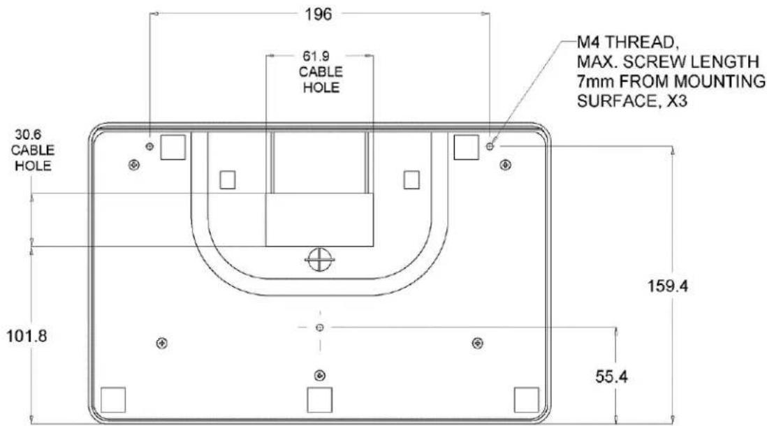 196 61.9 CABLE HOLE 30.6 CABLE HOLE 101.8 M4 THREAD, MAX. SCREW LENGTH 7mm FROM MOUNTING SURFACE, X3 159.4 55.4