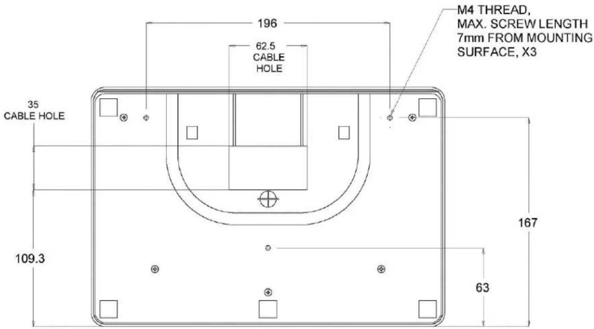196 62.5 CABLE HOLE 35 CABLE HOLE 109.3 M4 THREAD, MAX. SCREW LENGTH 7mm FROM MOUNTING SURFACE, X3 167 63