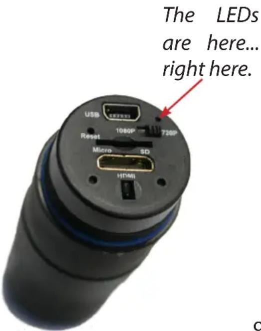 The LEDs are here... right here. USB 1000P 720P Reset Micro SD HDMI