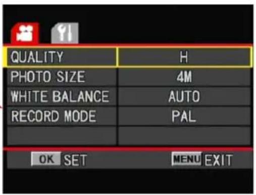 QUALITY H PHOTO SIZE 4M WHITE BALANCE AUTO RECORD MODE PAL OK SET MENU EXIT