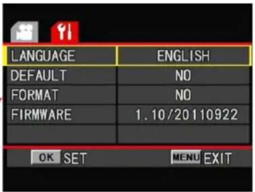LANGUAGE ENGLISH DEFAULT NO FORMAT NO FIRMWARE 1.10/20110922 OK SET MENU EXIT