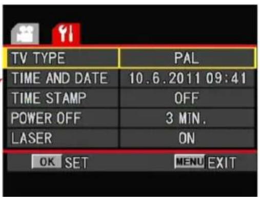 TV TYPE PAL TIME AND DATE 10.6.2011 09:41 TIME STAMP OFF POWER OFF 3 MIN. LASER ON OK SET MENU EXIT