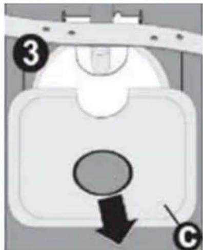 Diagram of a device with labeled parts and directional arrow, showing components 3 and C