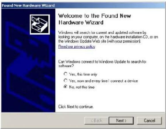 Found New Hardware Wizard Welcome to the Found New Hardware Wizard Windows will search for current and updated software by looking on your computer, on the hardware installation CD, or on the Windows Update Web site (with your permission). Fixed our privacy policy Can Windows connect to Windows Update to search for software? ○ Yes, this time only ○ Yes, now and every time I connect a device ● No, not the time Click Next to continue. < Back Next > Cancel