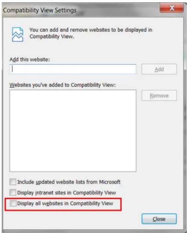 Compatibility View Settings You can add and remove websites to be displayed in Compatibility View. Add this website: Add Websites you've added to Compatibility View: Remove Include updated website lists from Microsoft Display intranet sites in Compatibility View Display all websites in Compatibility View Close
