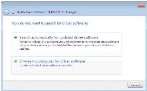 Update Driver Software - RNDIS/Ethernet Gadget How do you want to search for driver software? → Search automatically for updated driver software Windows will search your computer and the Internet for the latest driver software for your device, unless you've disabled this feature in your device installation settings. → Browse my computer for driver software Locate and install driver software manually. Cancel