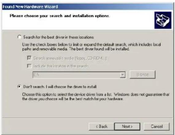 Found New Hardware Wizard Please choose your search and installation options. Search for the best driver in these locations. Use the check boxes below to limit or expand the default search, which includes local paths and removable media. The best driver found will be installed. ✓ Search removable media (floppy, CD ROM, J ✓ Include this location in the search: C:\ Browse Don't search. I will choose the driver to install Choose this option to select the device driver from a list. Windows does not guarantee that the driver you choose will be the best match for your hardware. < Back Next > Cancel