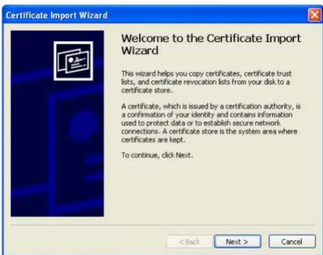 Certificate Import Wizard Welcome to the Certificate Import Wizard This wizard helps you copy certificates, certificate trust lists, and certificate revocation lists from your disk to a certificate store. A certificate, which is issued by a certification authority, is a confirmation of your identity and contains information used to protect data or to establish secure network connections. A certificate store is the system area where certificates are kept. To continue, click Next.
