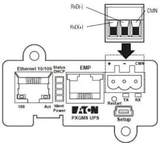 RxD(-) RxD(+) CMN Ethernet 10/100 Status DHCP EMP + - CMN 100 Act Ident Power TX RX PXGMS UPS Setup