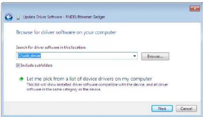 Update Driver Software - RNDTS/Ethernet Gadget Browse for driver software on your computer Search for driver software in this location: C:\usb_driver Include subfolders Let me pick from a list of device drivers on my computer This list will show installed driver software compatible with the device, and all driver software in the same category as the device. Next Cancel