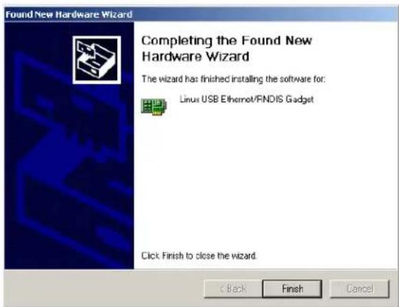 Found New Hardware Wizard Completing the Found New Hardware Wizard The wizard has finished installing the software for: Linux USB Ethernet/FNDIS Gadget Click Finish to close the wizard. < Back Finish Cancel
