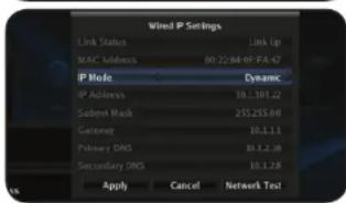 Wired IP Settings Link Status Link Up MAC Address 00:22:84:0F:4.47 IP Hole Dynamic IP Address 10.1.101.22 Submit Mask 255.255.00 Gateway 10.1.1.1 Primary DRG 10.1.2.30 Secondary DNS 10.1.2.8 Apply Cancel Network Test