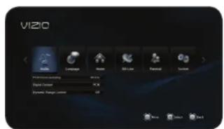 Vizio Language Music Edit Menu Functional Settings Digital Center 0.5% Digital Center 0.5% Dynamic Range Control 0%