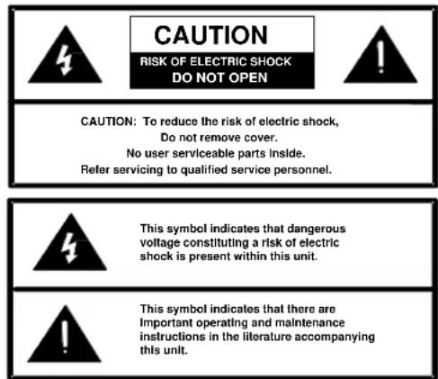 CAUTION RISK OF ELECTRIC SHOCK DO NOT OPEN CAUTION: To reduce the risk of electric shock, Do not remove cover. No user serviceable parts inside. Refer servicing to qualified service personnel. This symbol indicates that dangerous voltage constituting a risk of electric shock is present within this unit. This symbol indicates that there are Important operating and maintenance instructions in the literature accompanying this unit.