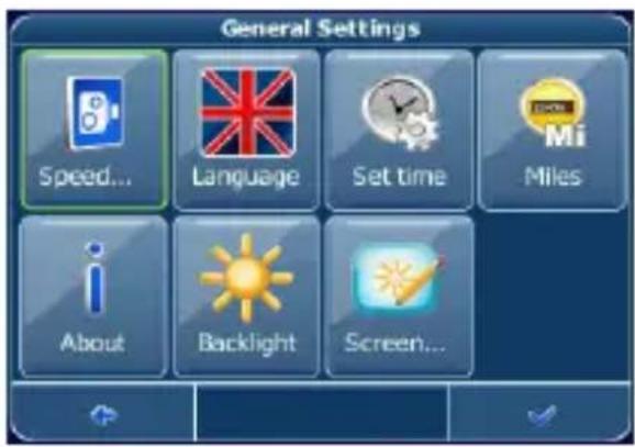 General Settings Speed... Language Set time Mi Miles About Backlight Screen...