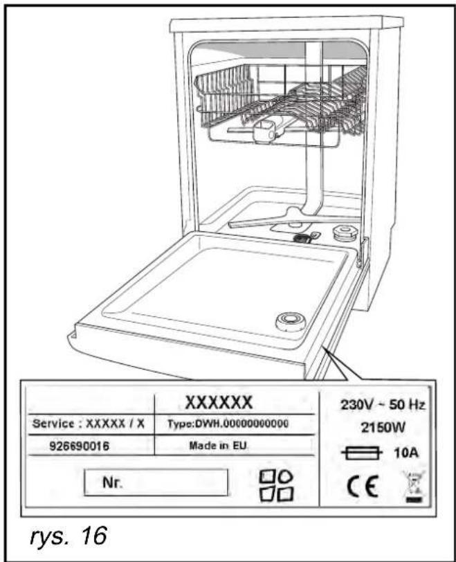 XXXXXX Service : XXXXX / X Type:DWH.00000000000 926690016 Made in EU. Nr. 230V ~ 50 Hz 2150W CE 10A rys. 16